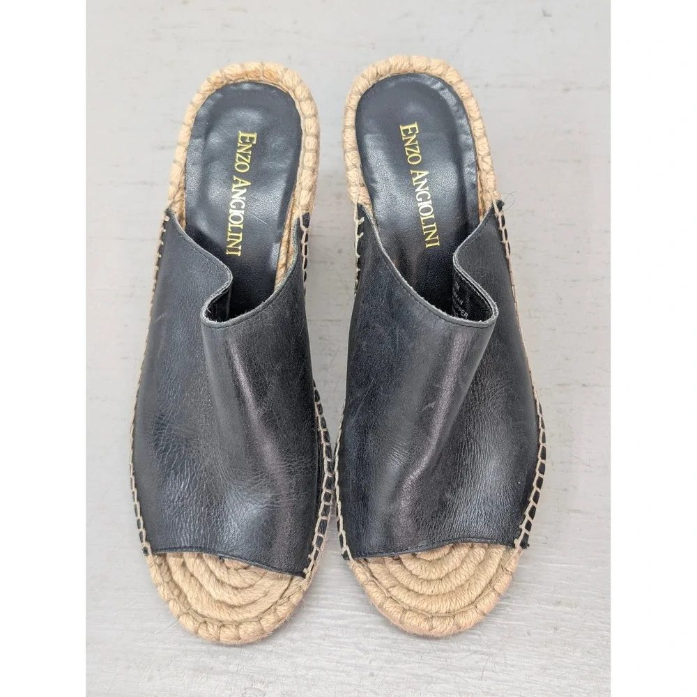 Enzo Angiolini‎ Espadrille Wedge Sandals Open Toe Mules Black Leather Women's 7M